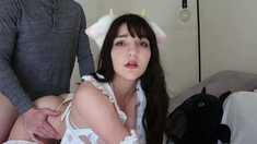 Busty curly brunette with big boobs fucks on couch