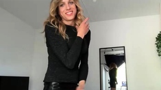 Big tit shemale jerks her long cock