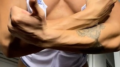 Amateur busty brunette masturbates and does hand job