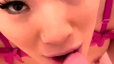 Big tit brunette sucks a big cock POV