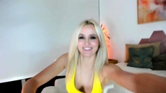Shaved pussy blonde Tasha Reign with big boobs goes solo