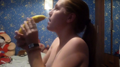 Russian teen Oksana tease and deepthroat with banana 2