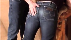 Caned over tight jeans Daddy boy